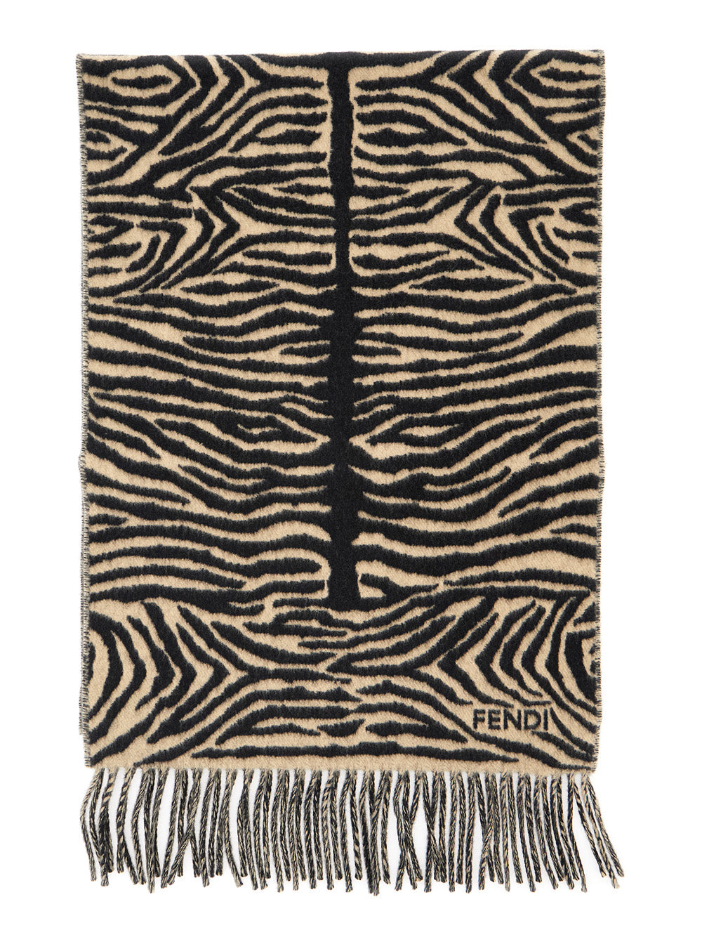 Fendi Women Black Scarf With Tiger Stirpe Motif And Fringed Edge In Wool For Women