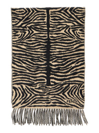 Fendi Women Black Scarf With Tiger Stirpe Motif And Fringed Edge In Wool For Women