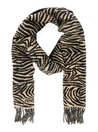 Fendi Women Black Scarf With Tiger Stirpe Motif And Fringed Edge In Wool For Women