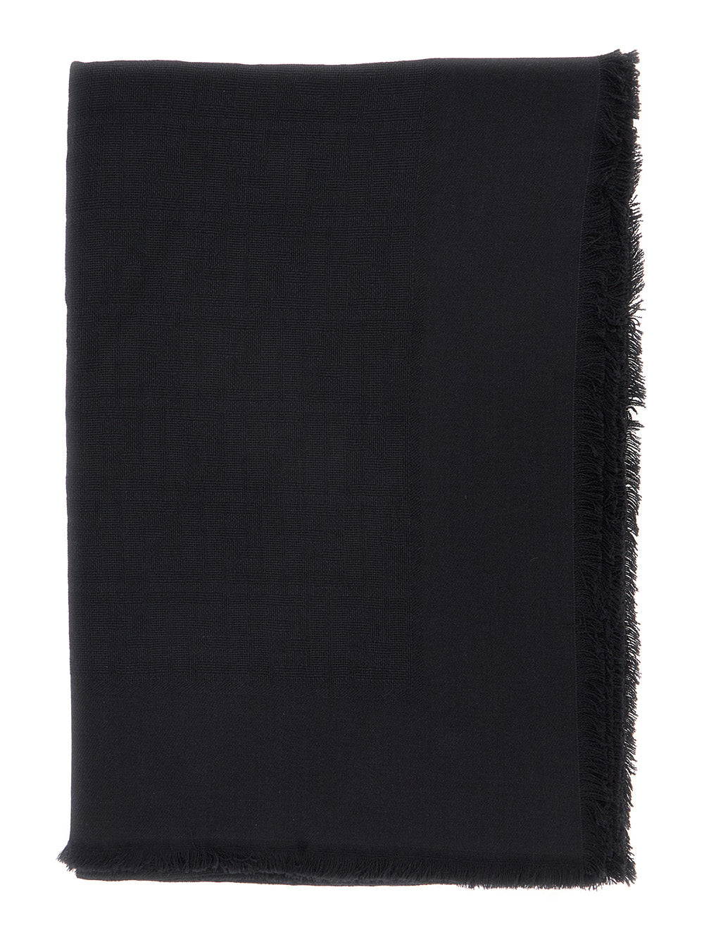 Fendi Women Black Square Scarf With Fringed Hem And Ff Pattern In Wool Blend For Women