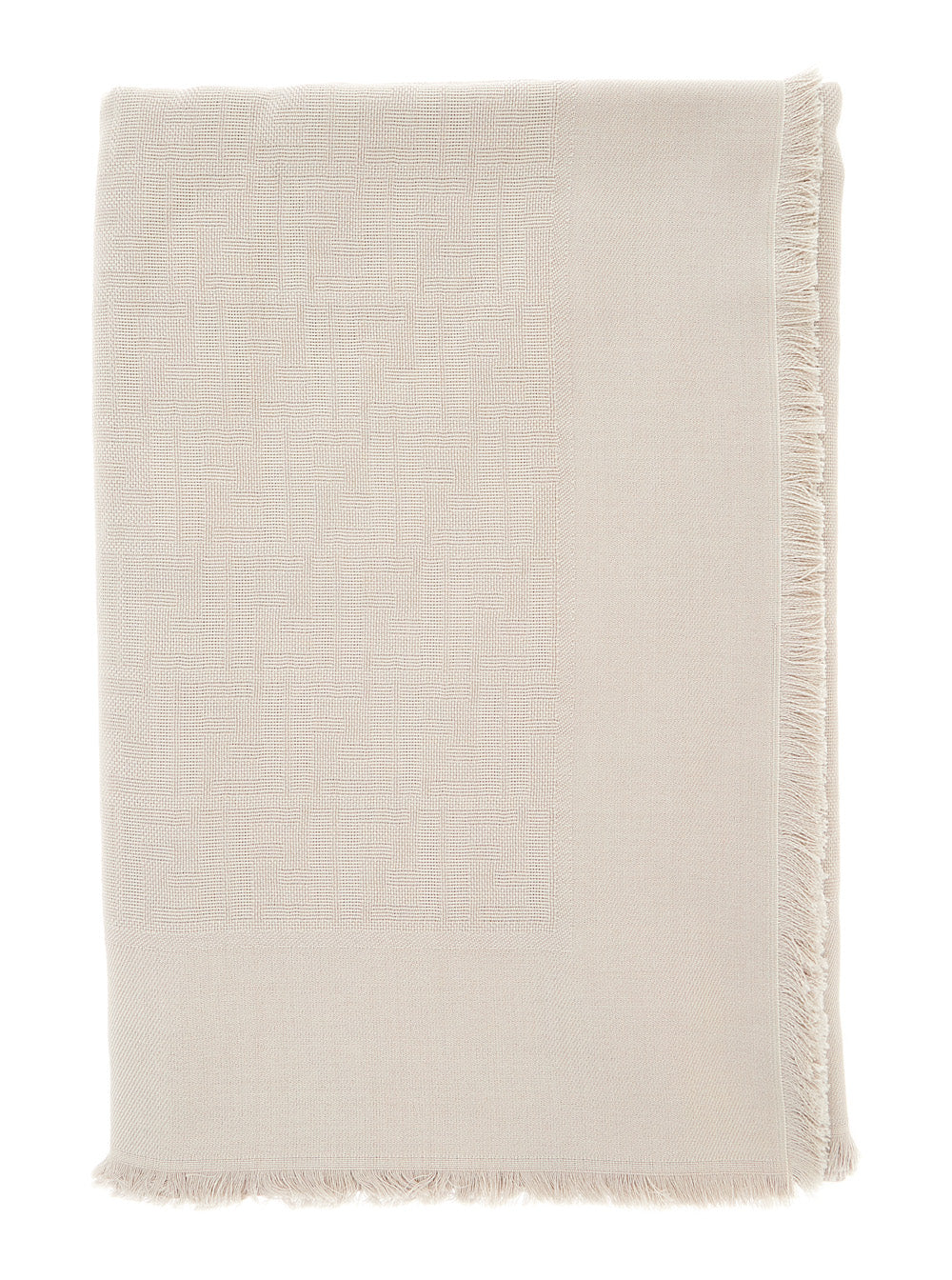 Fendi Women Beige Square Scarf With Fringed Hem And Ff Pattern In Wool Blend For Women