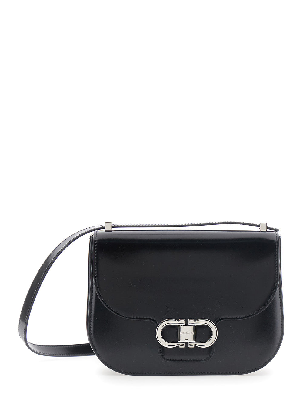Ferragamo Women Black Crossbody Bag With Adjustable Strap And Gancini Plaque On Front In Leather For Women
