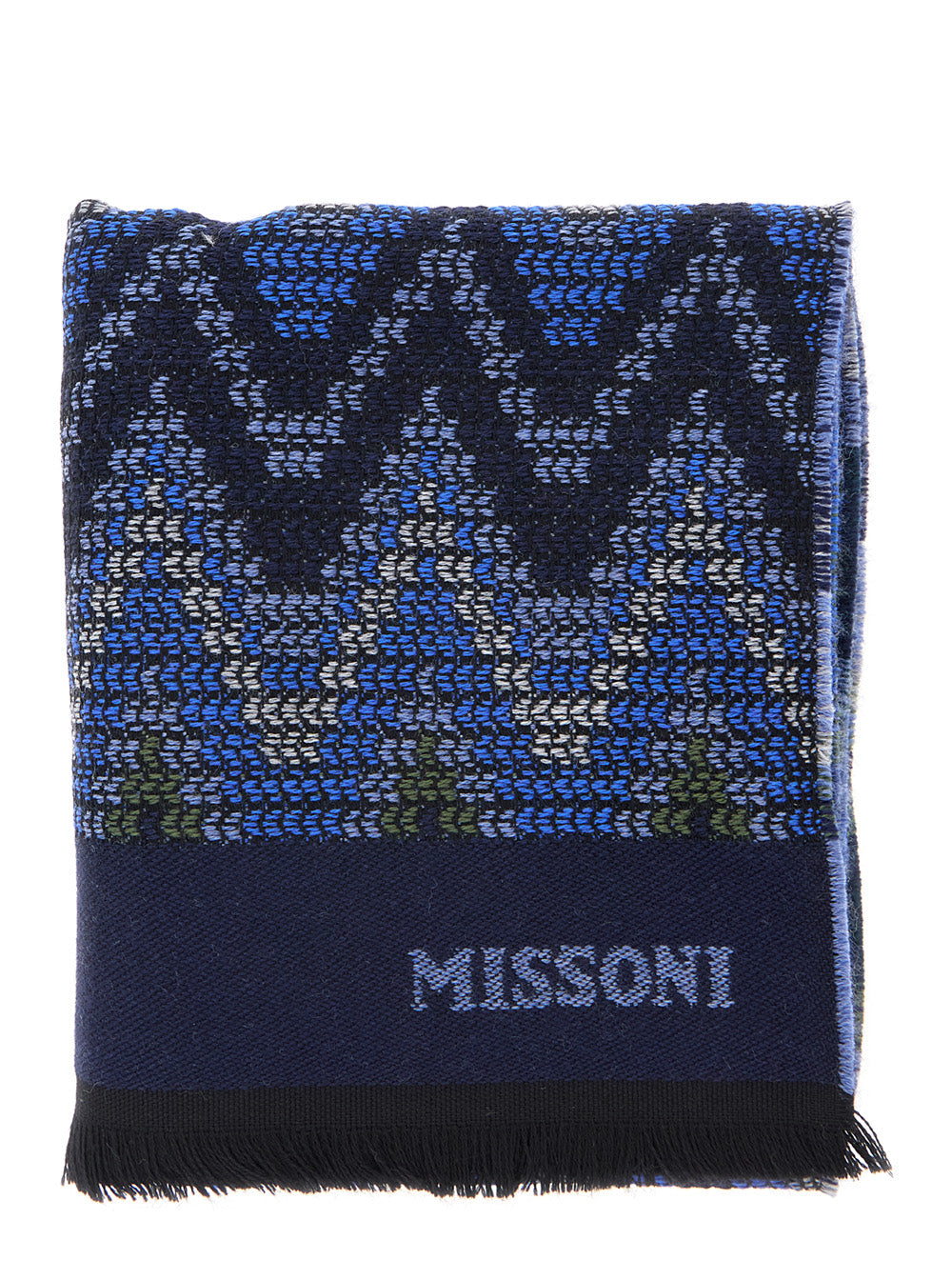 MISSONI Missoni Men Blue Scarf With All-Over Zig Zag Motif And Logo Lettering In Wool For Men