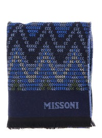 MISSONI Missoni Men Blue Scarf With All-Over Zig Zag Motif And Logo Lettering In Wool For Men