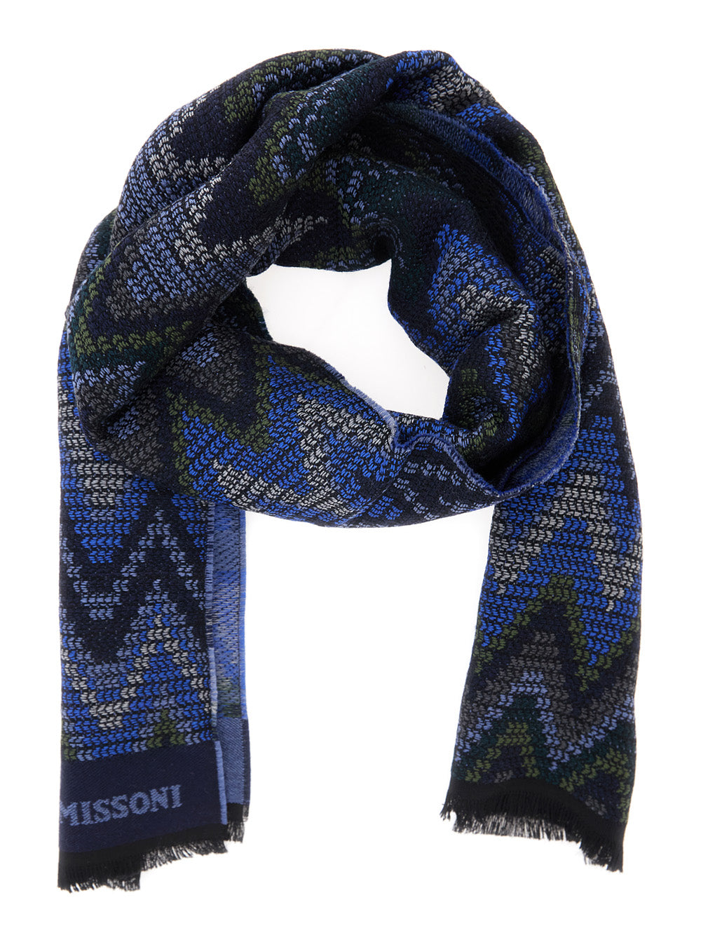 MISSONI Missoni Men Blue Scarf With All-Over Zig Zag Motif And Logo Lettering In Wool For Men