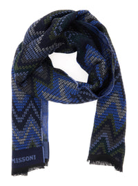MISSONI Missoni Men Blue Scarf With All-Over Zig Zag Motif And Logo Lettering In Wool For Men