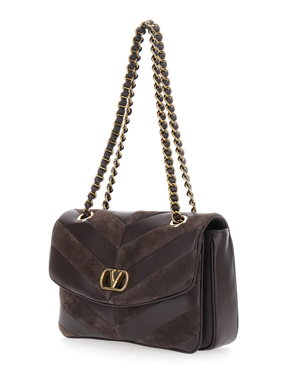 Valentino Garavani Women 'Djuna' Brown Medium Crossbody Bag With Two Chain Handles And Vlogo Plaque On The Front In Leather And Suede For Women
