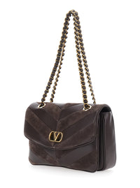 Valentino Garavani Women 'Djuna' Brown Medium Crossbody Bag With Two Chain Handles And Vlogo Plaque On The Front In Leather And Suede For Women
