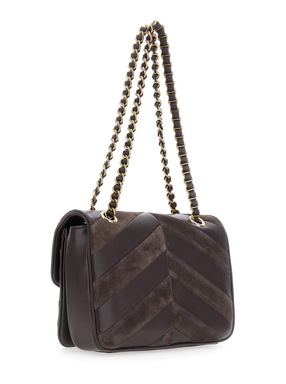 Valentino Garavani Women 'Djuna' Brown Medium Crossbody Bag With Two Chain Handles And Vlogo Plaque On The Front In Leather And Suede For Women