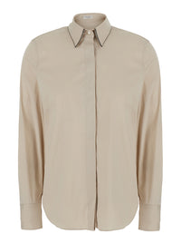 Brunello Cucinelli Women Beige Shirt With Classic Collar With Monil In Cotton For Women