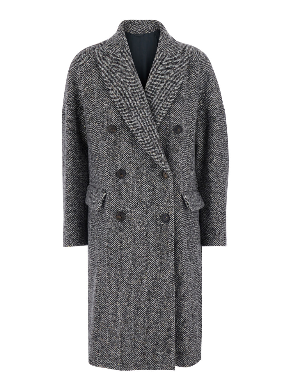 Brunello Cucinelli Women Grey Double-Breasted Coat With Peak Revers In Wool For Women