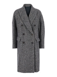 Brunello Cucinelli Women Grey Double-Breasted Coat With Peak Revers In Wool For Women