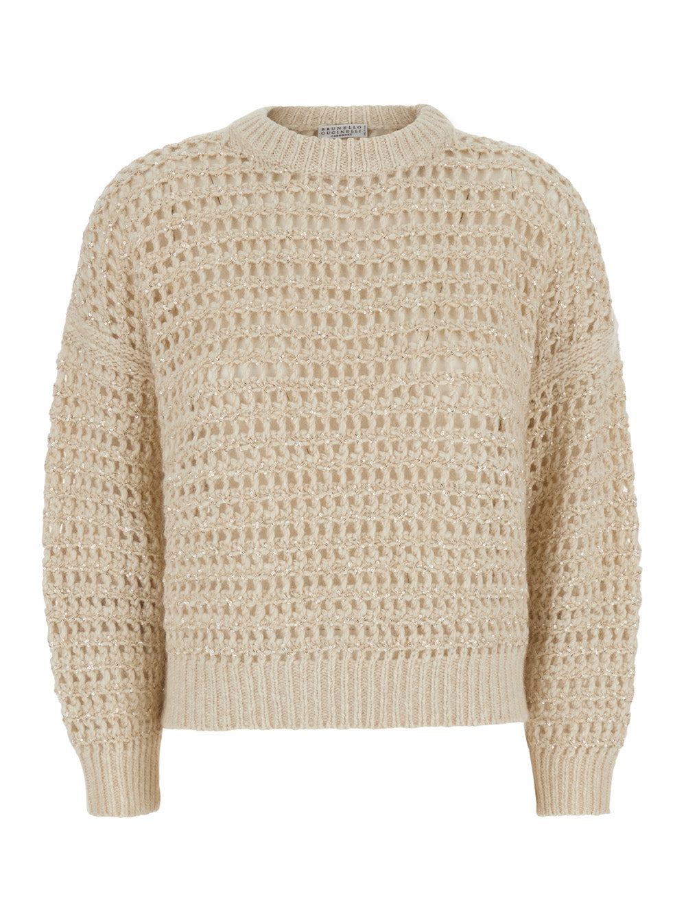 BRUNELLO CUCINELLI Brunello Cucinelli Women White Crew Neck Sweater With Openwork Knit In Blend Wool And Cashmere For Women