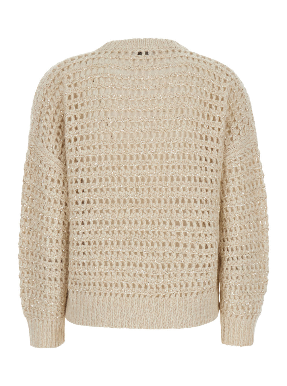 BRUNELLO CUCINELLI Brunello Cucinelli Women White Crew Neck Sweater With Openwork Knit In Blend Wool And Cashmere For Women