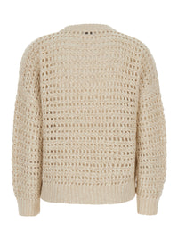 BRUNELLO CUCINELLI Brunello Cucinelli Women White Crew Neck Sweater With Openwork Knit In Blend Wool And Cashmere For Women