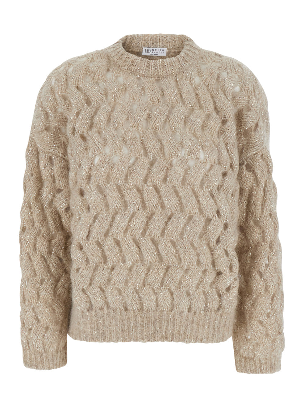 Brunello Cucinelli Women White Crewneck Sweater With Cable Knit Design In Blend Wool For Women