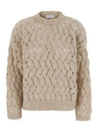 Brunello Cucinelli Women White Crewneck Sweater With Cable Knit Design In Blend Wool For Women