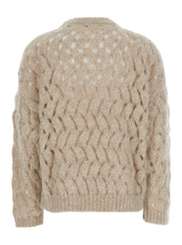 Brunello Cucinelli Women White Crewneck Sweater With Cable Knit Design In Blend Wool For Women
