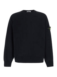 Stone Island Men Black Crewneck Sweatshirt With Logo Patch On The Sleeve In Cotton For Men
