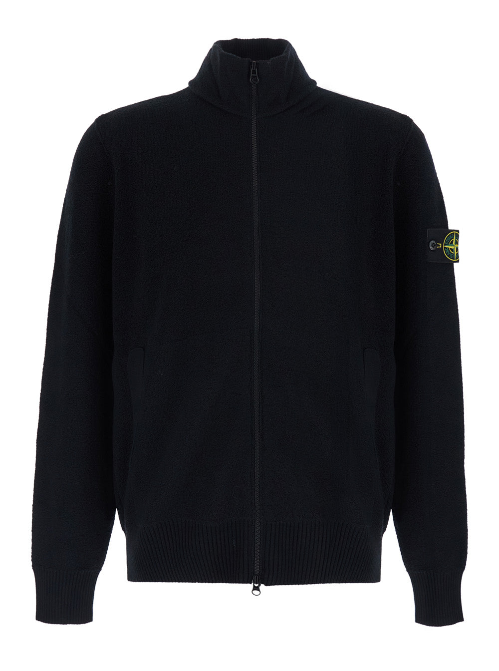 Stone Island Men Black Sweater With High Collar And Logo Patch On The Sleeve In Virgin Wool For Men