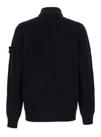 Stone Island Men Black Sweater With High Collar And Logo Patch On The Sleeve In Virgin Wool For Men