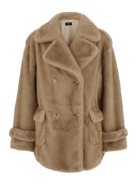 Leplain Women Beige Overcoat With Wide Lapels In Eco-Fur For Women