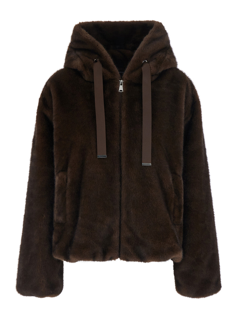 Leplain Women Brown Shearling With Zip Closure And Drawstring Hood In Eco-Fur For Women