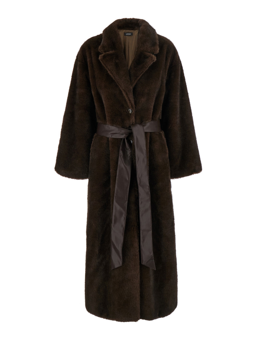 Leplain Women Brown Long Coat With Adjustable Waist Belt In Faux Fur For Women