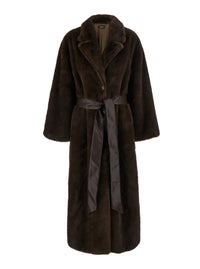Leplain Women Brown Long Coat With Adjustable Waist Belt In Faux Fur For Women