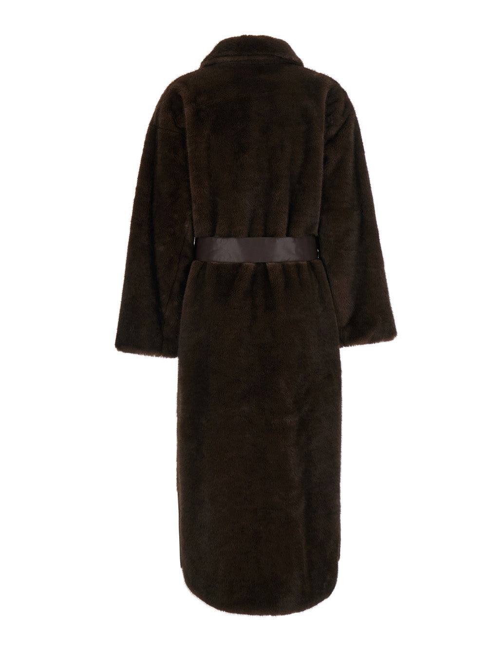 Leplain Women Brown Long Coat With Adjustable Waist Belt In Faux Fur For Women