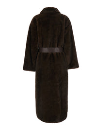 Leplain Women Brown Long Coat With Adjustable Waist Belt In Faux Fur For Women