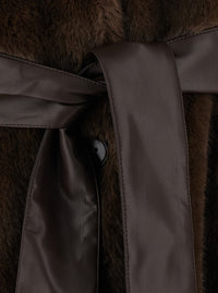 Leplain Women Brown Long Coat With Adjustable Waist Belt In Faux Fur For Women
