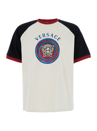 Versace Men Multicolor Crew Neck T-Shirt With Logo Lettering And Medusa Embroidery On The Front In Cotton For Men