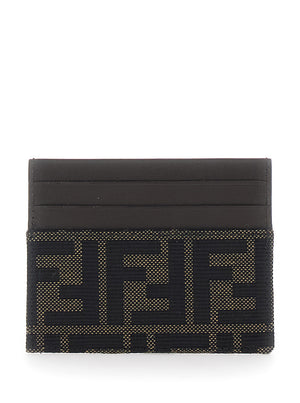 Fendi Men Brown Cardholder With Ff Motif In Leather And Fabric For Men image