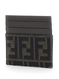 Fendi Men Brown Cardholder With Ff Motif In Leather And Fabric For Men