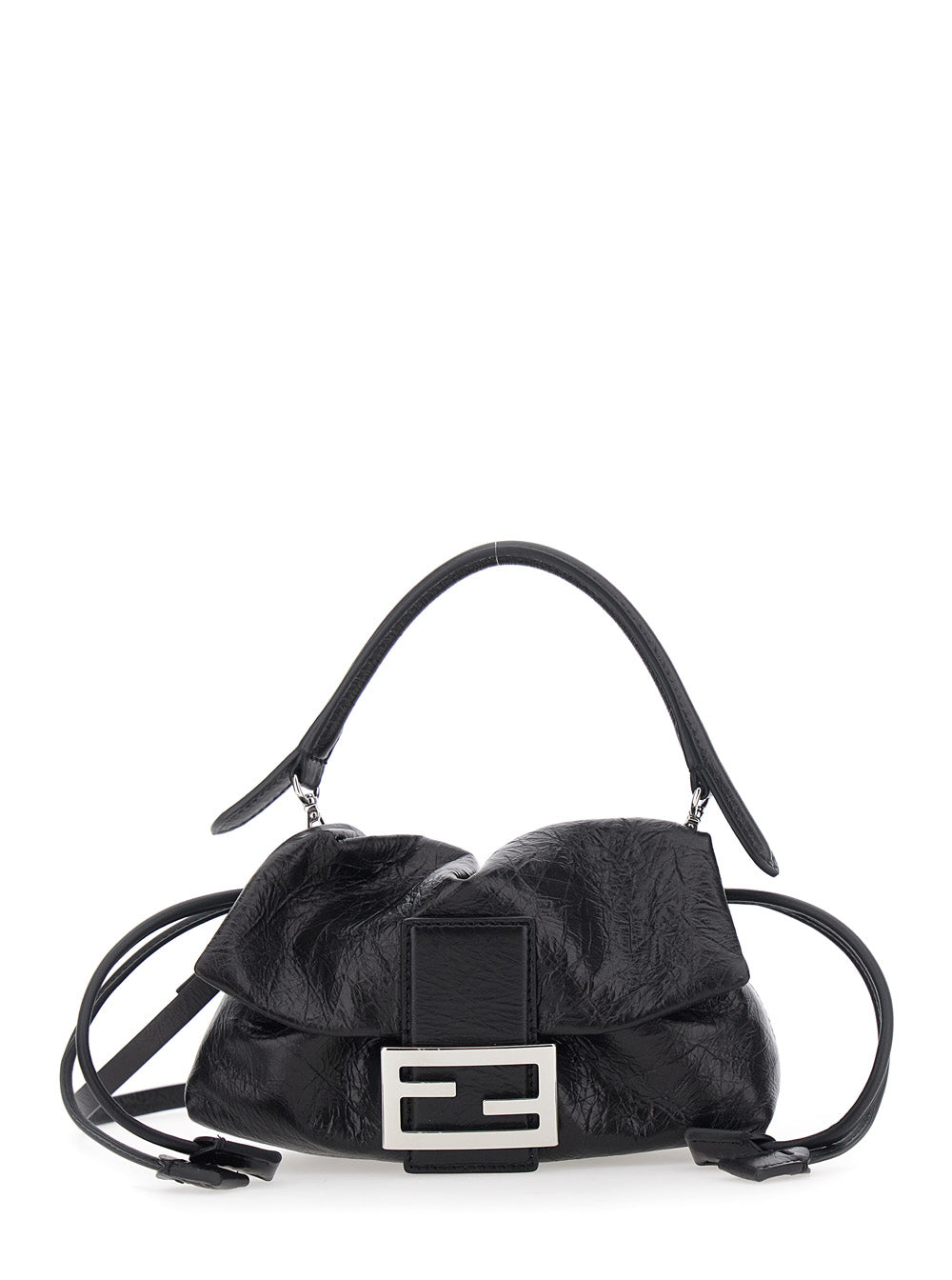 Fendi Women 'Baguette' Black Shoulder Bag With Ff Plate On The Front And Adjustable And Removable Strap In Leather For Women
