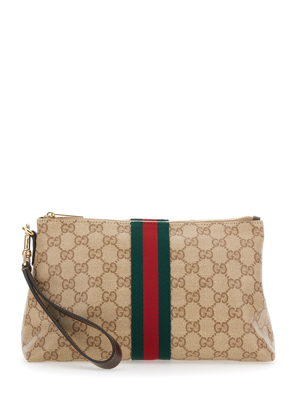 GUCCI Gucci Men Beige Clutch With Removable Wrist Strap And Web Detail In Gg Canvas For Men