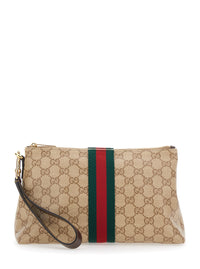 GUCCI Gucci Men Beige Clutch With Removable Wrist Strap And Web Detail In Gg Canvas For Men