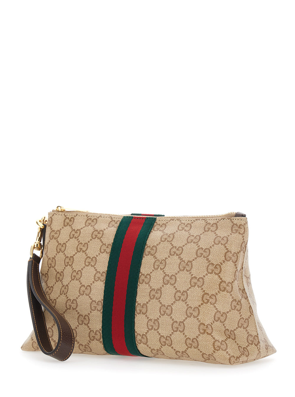 GUCCI Gucci Men Beige Clutch With Removable Wrist Strap And Web Detail In Gg Canvas For Men