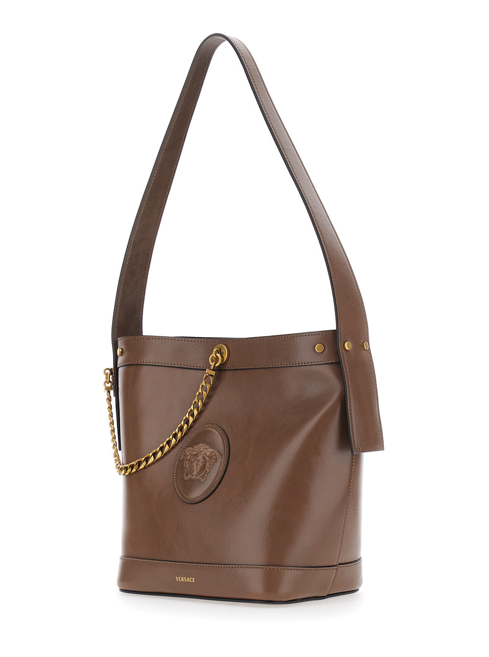 Versace Women Brown Shoulder Bag With Chain Strap And Medusa Head On The Front In Leather For Women