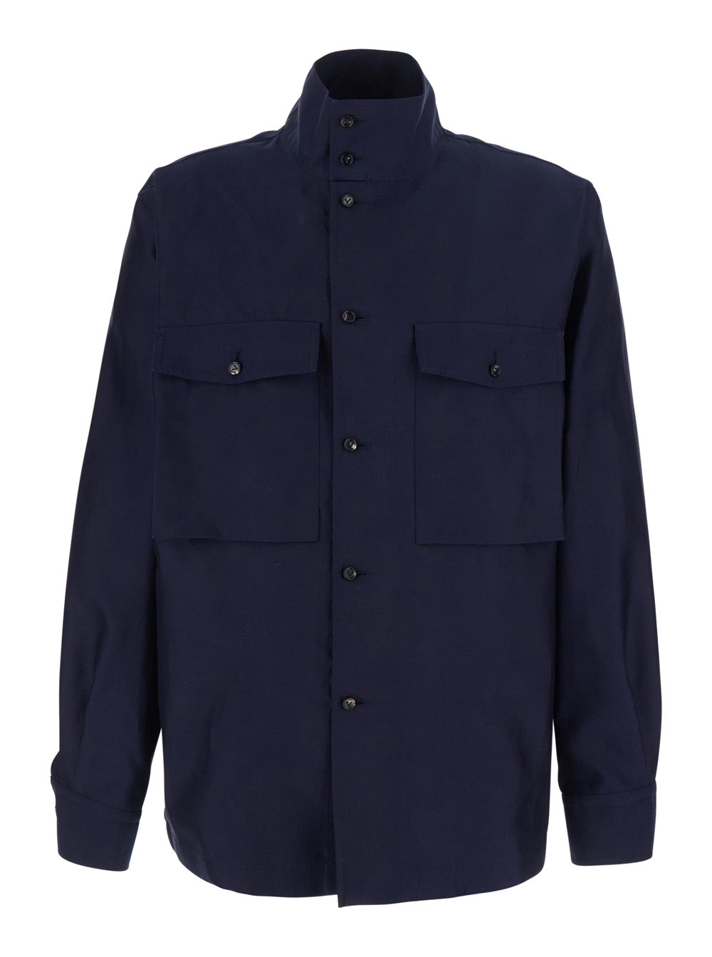 Bottega Veneta Men Blue Jacket With High Collar And Front Pockets In Cotton And Silk For Men