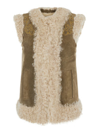 Etro Women Beige Shearling Coat With Maxi Embroidery On The Back In Fur For Women