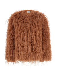 Forte_Forte Women Brown Crew Neck Shearling Jacket With Front Hidden Closure In Ecofur For Women