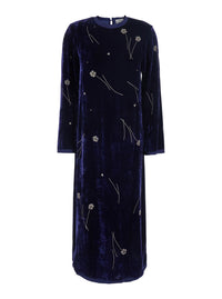 Forte_Forte Women 'Fleurs D'orient' Blue Crew Neck Long Dress With All-Over Floral Embroidery In Velvet For Women