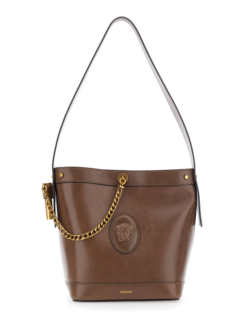 Versace Women Brown Shoulder Bag With Chain Strap And Medusa Head On The Front In Leather For Women