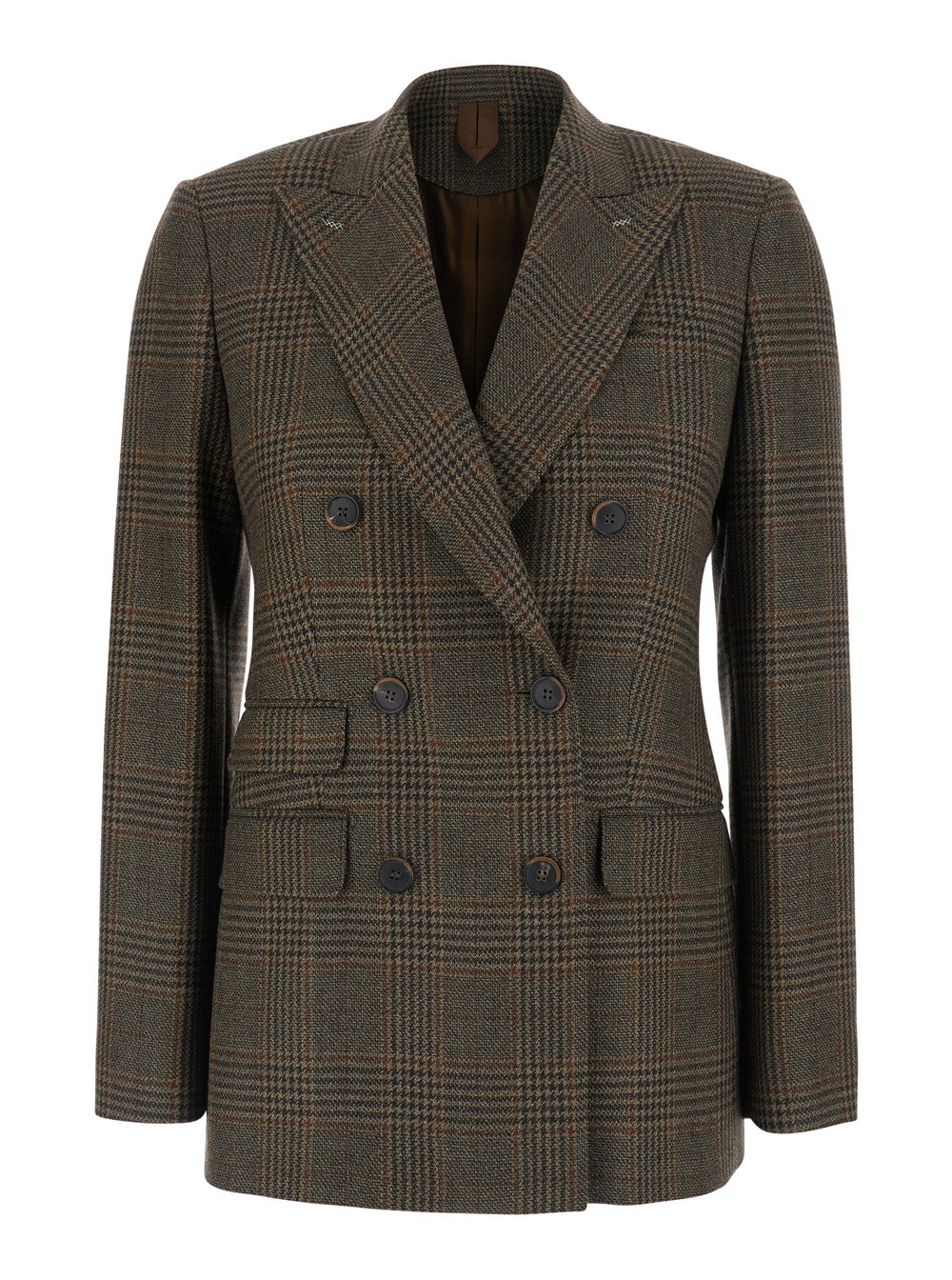 Max Mara Women 'Deserto' Dark Brown Double-Breasted Jacket With Peak Revers And Check Motif In Wool For Women