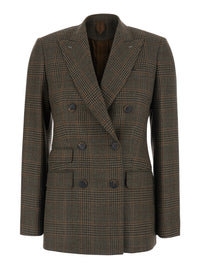 Max Mara Women 'Deserto' Dark Brown Double-Breasted Jacket With Peak Revers And Check Motif In Wool For Women