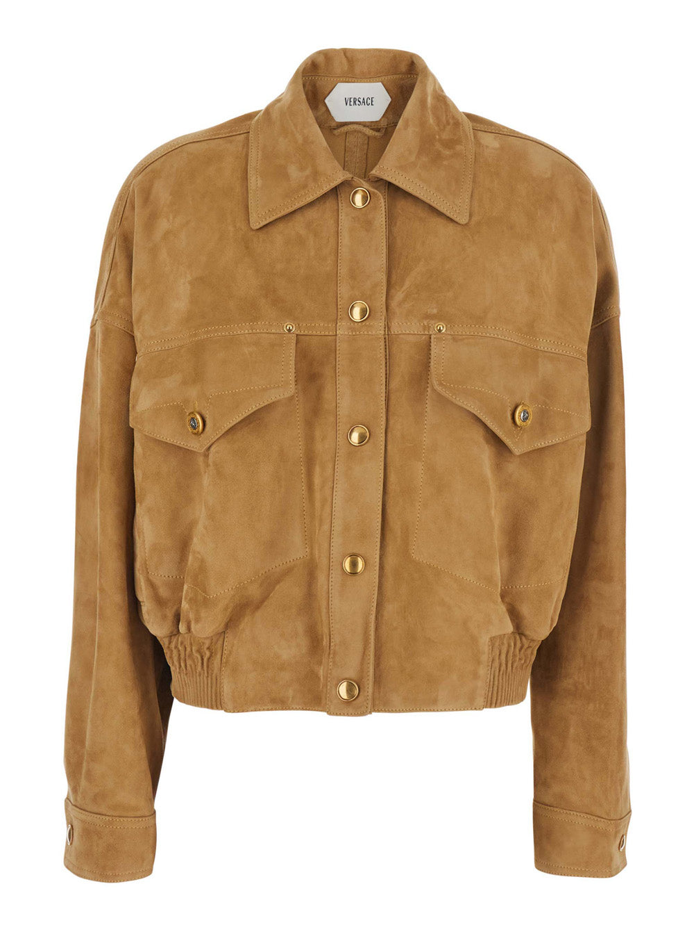 Versace Women Beige Jacket With Pointed Collar And Logo Jewel Buttons In Suede For Men