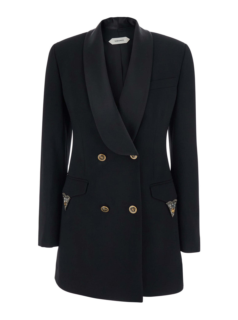 Versace Women Black Jacket With Lapels And Crystal Details And Logo In Wool Women
