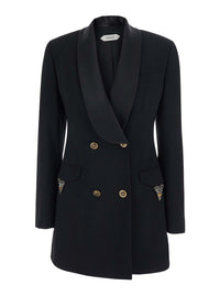 Versace Women Black Jacket With Lapels And Crystal Details And Logo In Wool Women